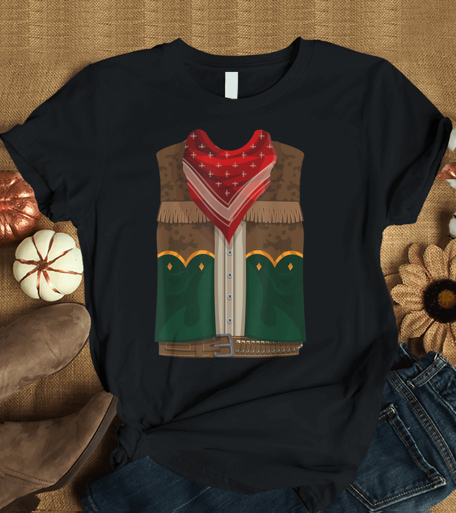 Western Cowboy Cowgirl Costume with Bandana and Fringed Vest T-Shirt