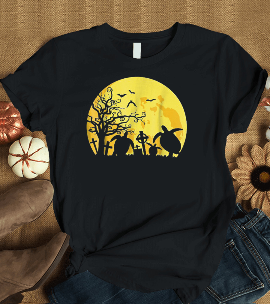 Halloween Turtle Graveyard Silhouette Moon Pumpkin T-Shirt