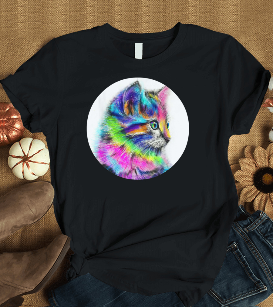Vibrant Rainbow Cute Cat Face Colorful Kitten T-Shirt