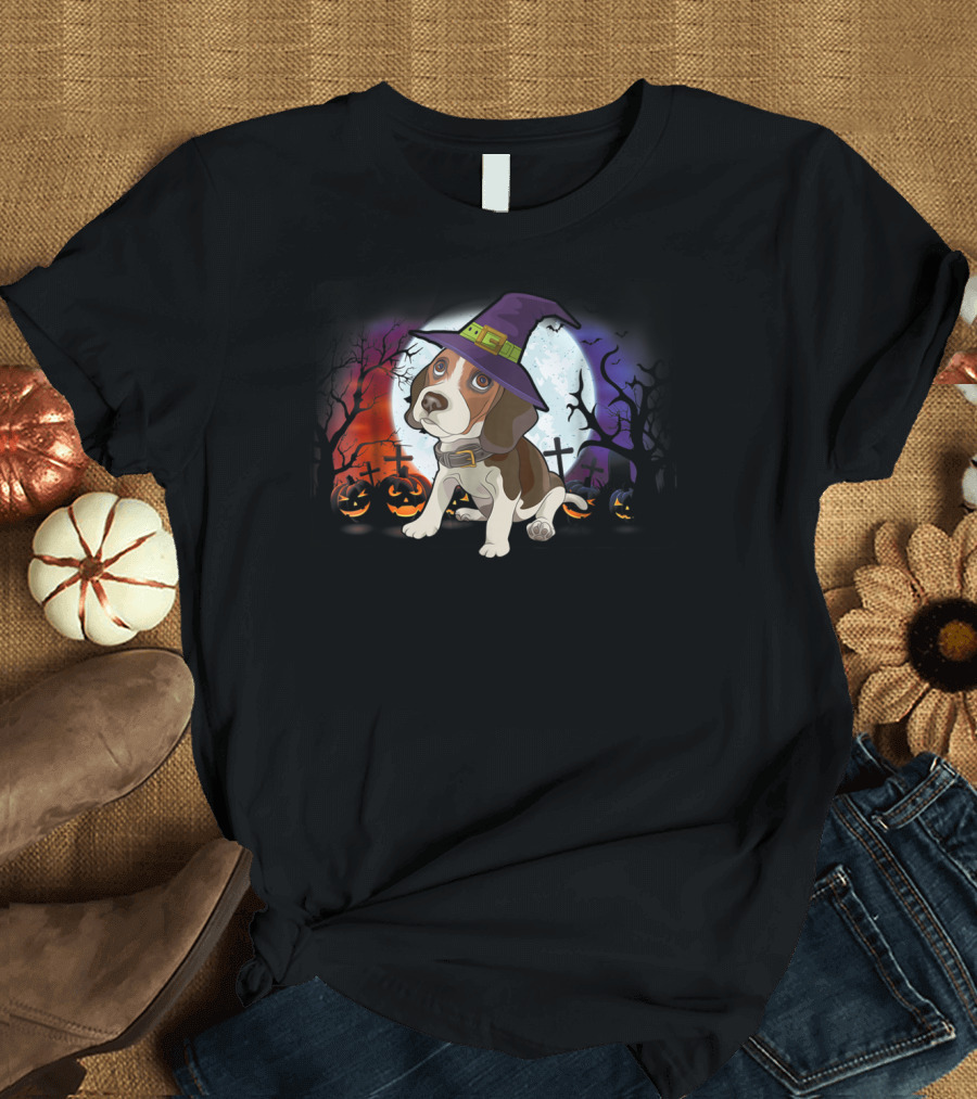 Beagle Puppy in Witch Hat with Pumpkins and Halloween Night Scene T-Shirt