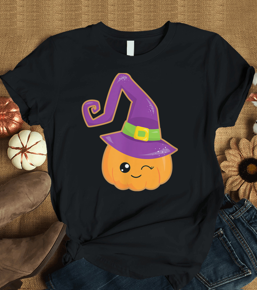 Cute Halloween Pumpkin with Purple Witch Hat and Winking Face T-Shirt