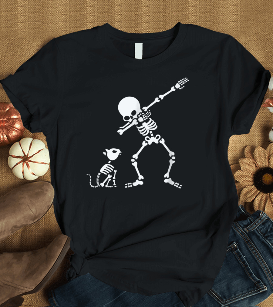 Dabbing Skeleton and Pet Cat Skull Bones Dance T-Shirt