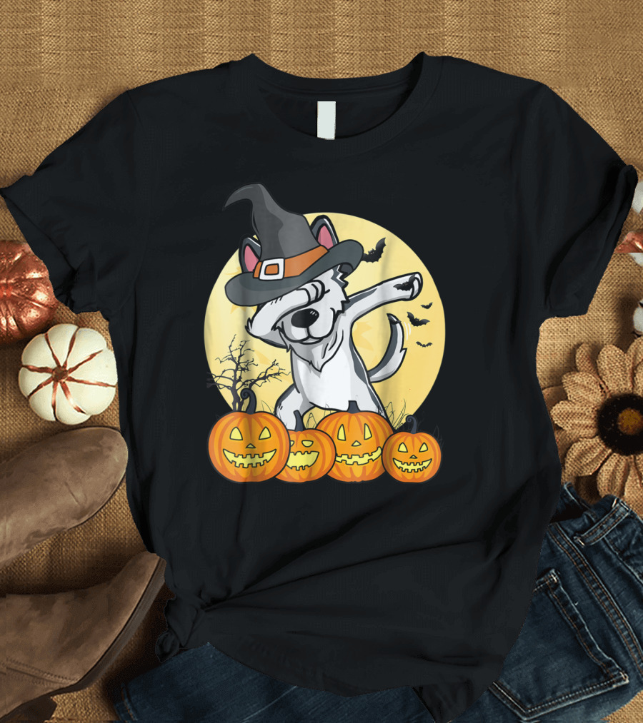 Dabbing Husky Halloween Dab Dance Dog Witch Hat Pumpkins Moon Bats T-Shirt
