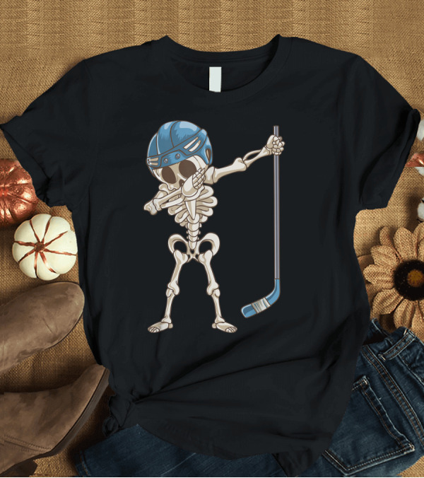 T-Shirt: Dabbing Skeleton Hockey Player in Blue Helmet with Stick T-Shirt Dabbing Skeleton Hockey Player in Blue Helmet with Stick T-Shirt
