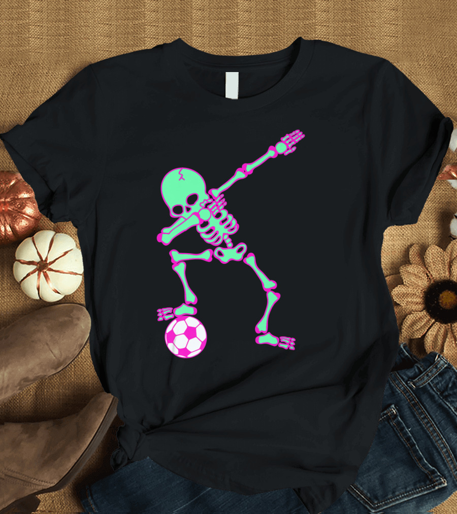 Dabbing Skeleton Soccer Halloween Costume Dab Neon Skeleton Soccer Ball T-Shirt