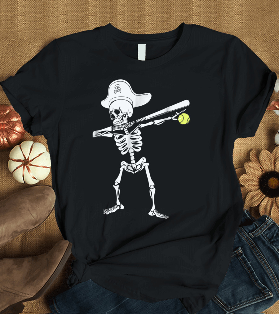 Dabbing Skeleton Pirate with Softball and Bat T-Shirt