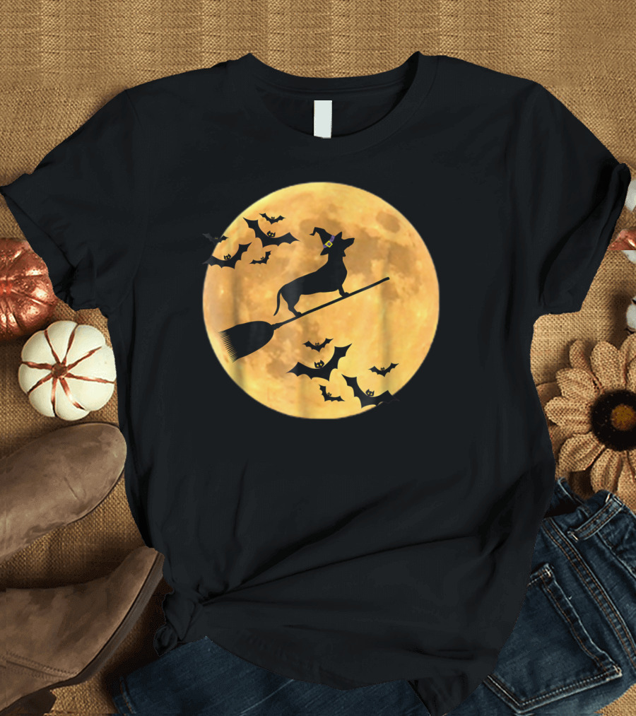 Dachshund Witch Dog Flying on Broomstick in Front of Full Halloween Moon with Bats T-Shirt