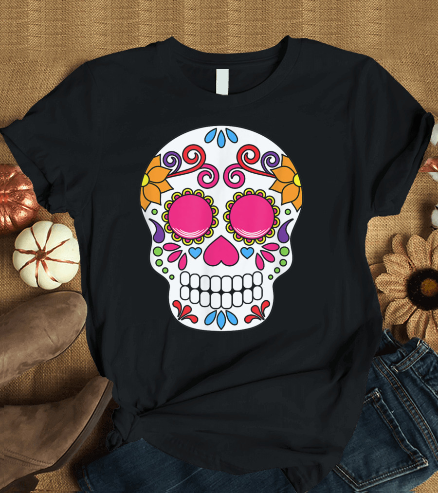 Day Of The Dead Sugar Skull Pink Eyes Floral Swirls Decorations T-Shirt