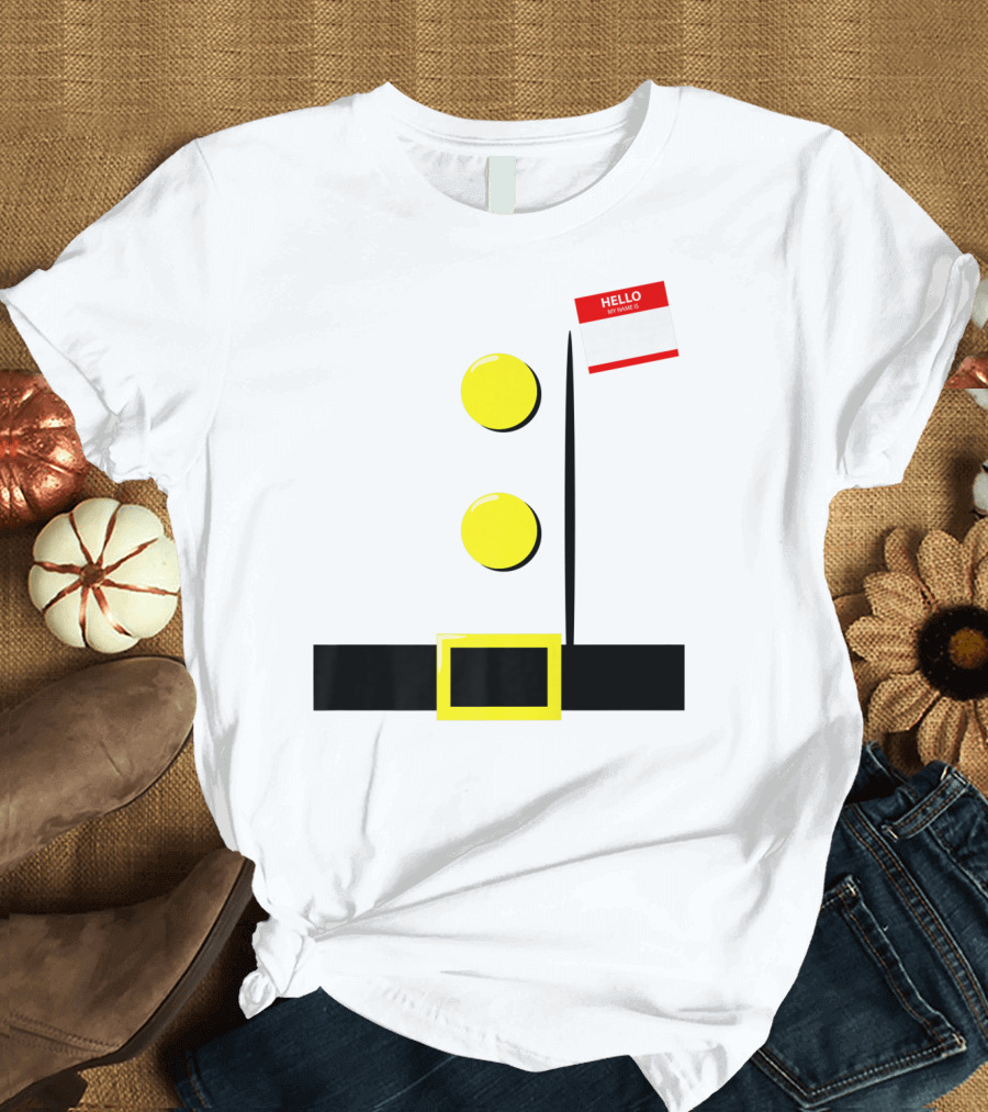 Dwarf Halloween Group Costume Hello My Name Is Plaque Belt Buckle Yellow Buttons T-Shirt