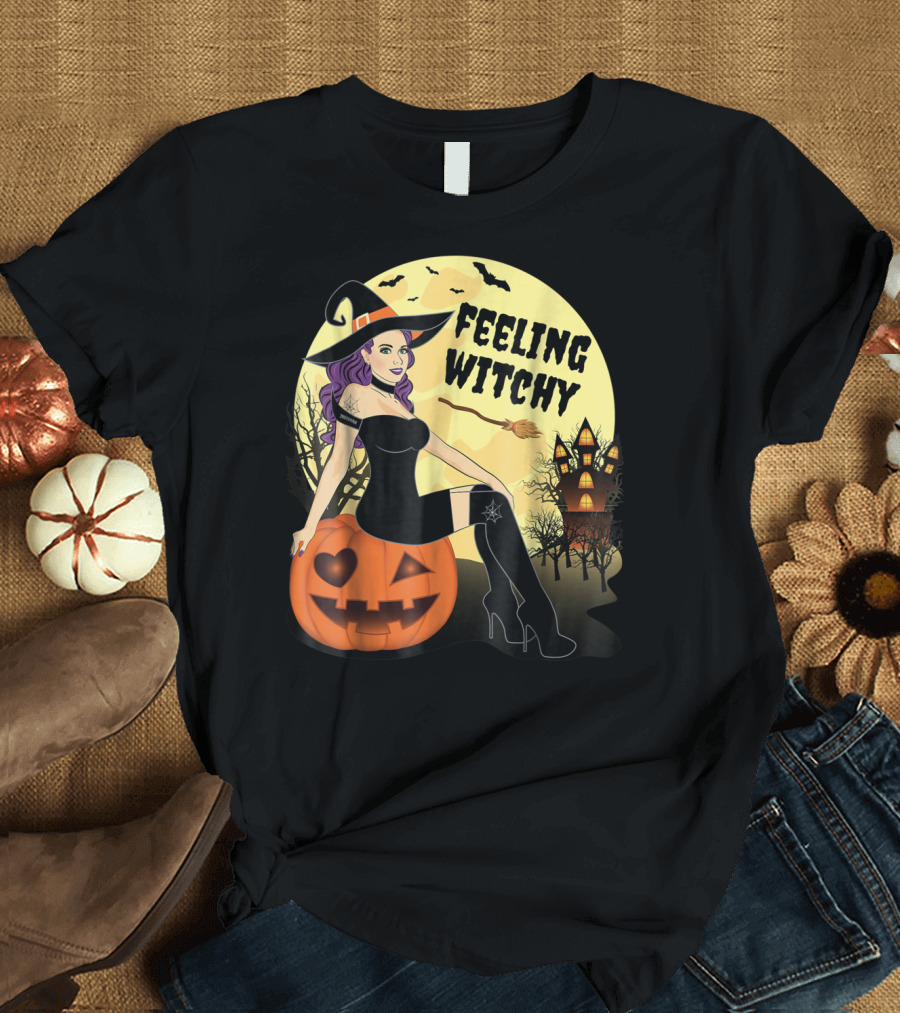 Feeling Witchy Purple-Haired Witch on Pumpkin with Haunted House and Bats T-Shirt