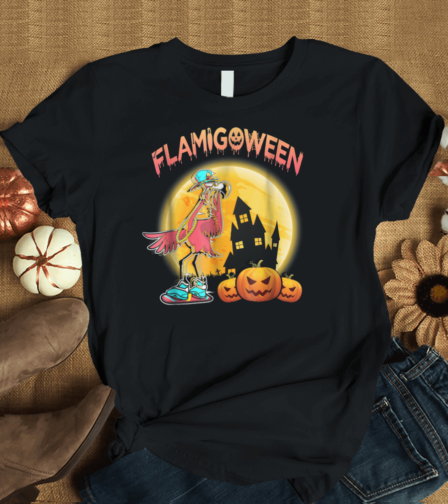 Flamingoween Funny Flamingo Halloween Moon Pumpkins Haunted House T-Shirt