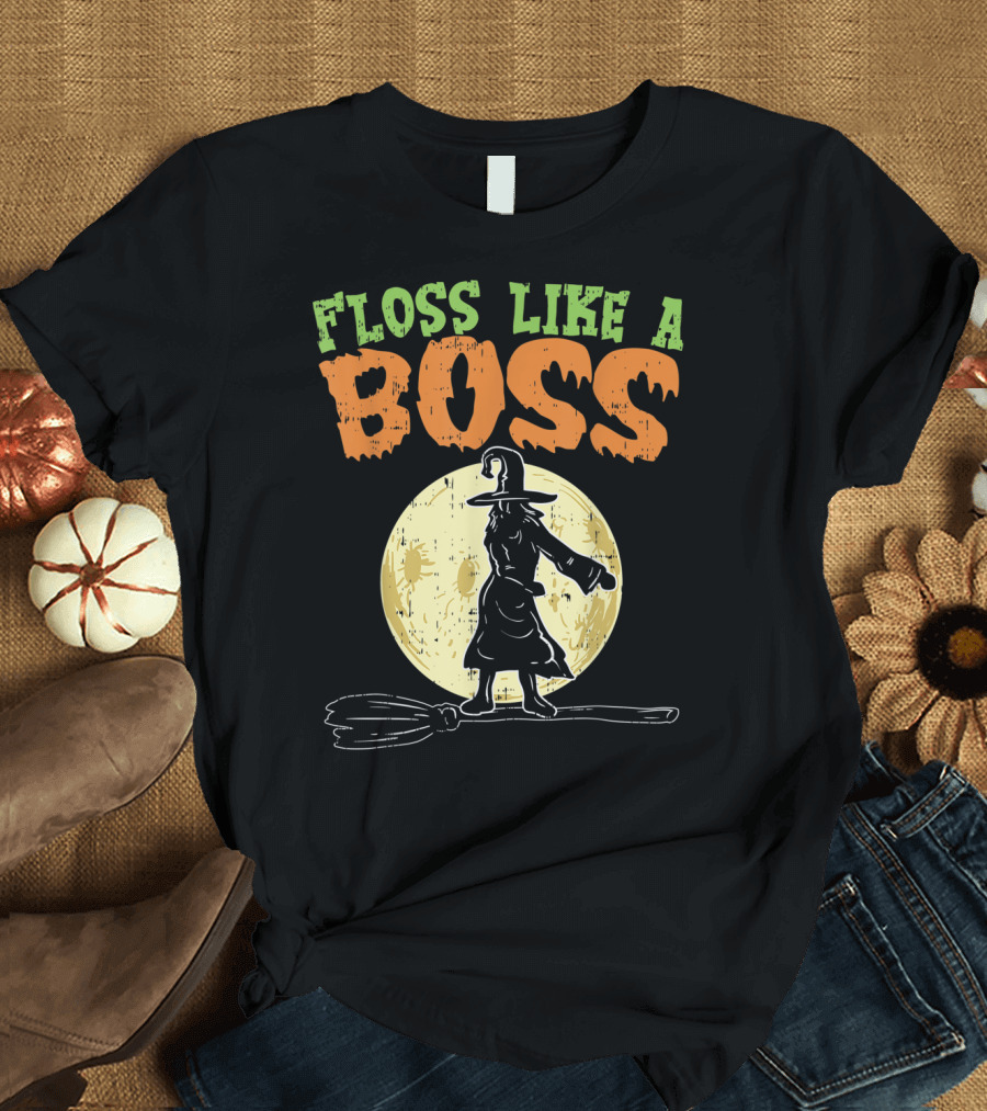 FLOSS LIKE A BOSS Halloween Witch Moon Broom T-Shirt