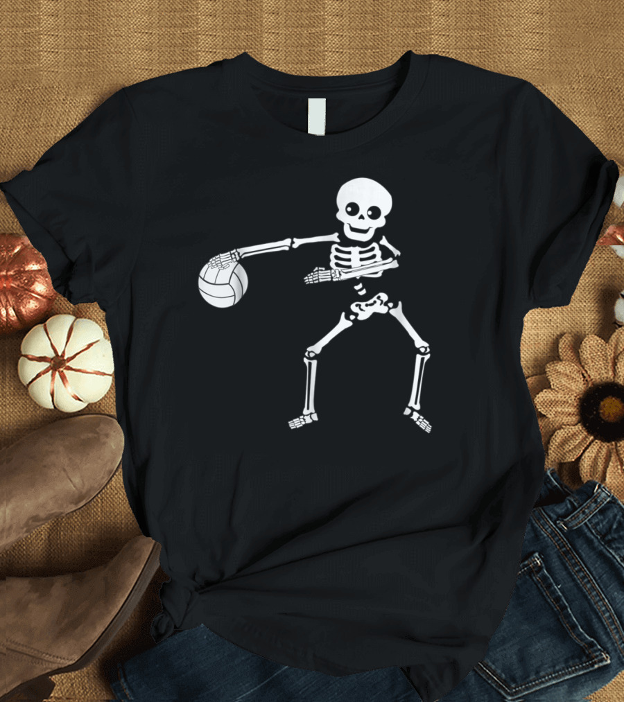 Flossing Skeleton Holding Volleyball Halloween Dance T-Shirt