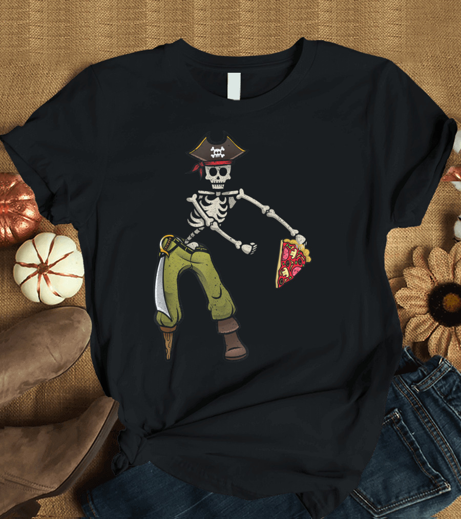 Flossing Skeleton Pirate with Pizza Slice and Sword T-Shirt