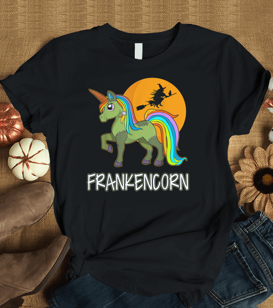Frankencorn Cute Frankenstein Unicorn Witch Silhouette Rainbow Mane Halloween T-Shirt