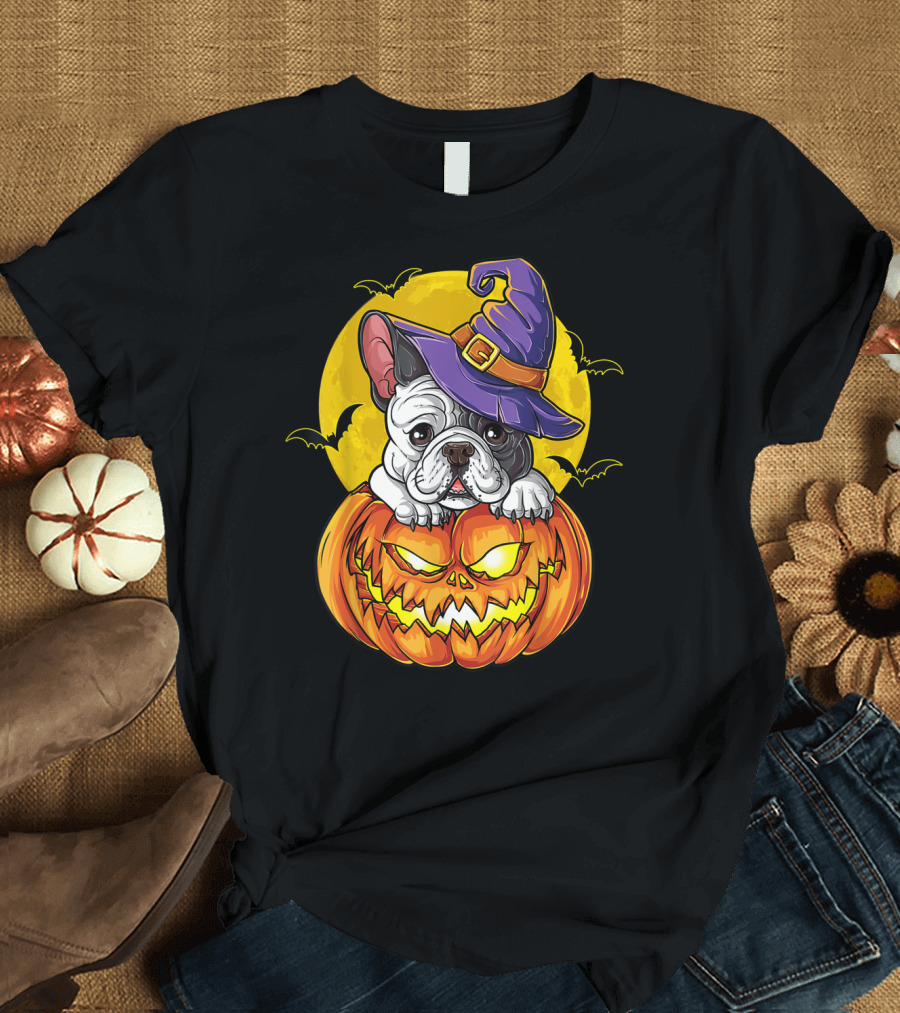 French Bulldog in Witch Hat on Jack-O'-Lantern Halloween Moon T-Shirt