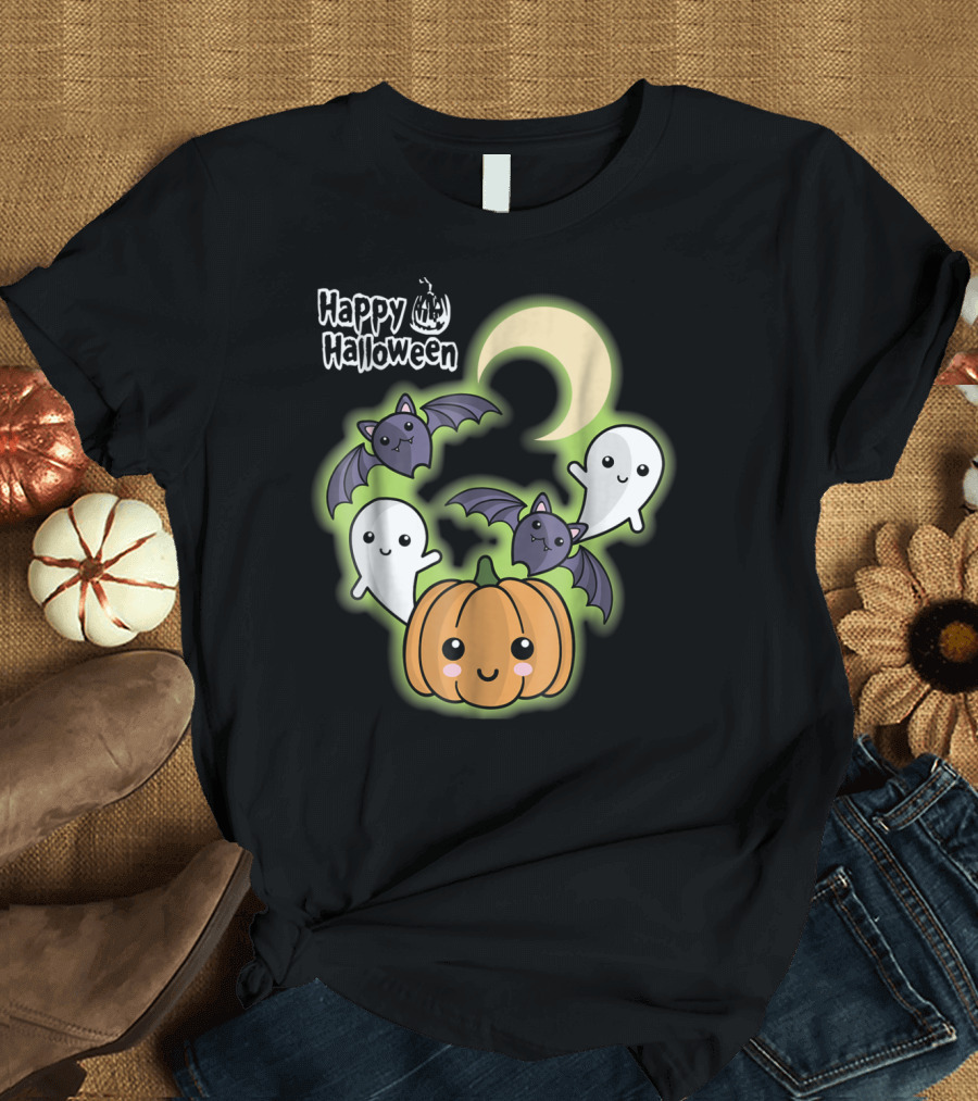 Happy Halloween Cute Pumpkin Bat Ghost Moon T-Shirt
