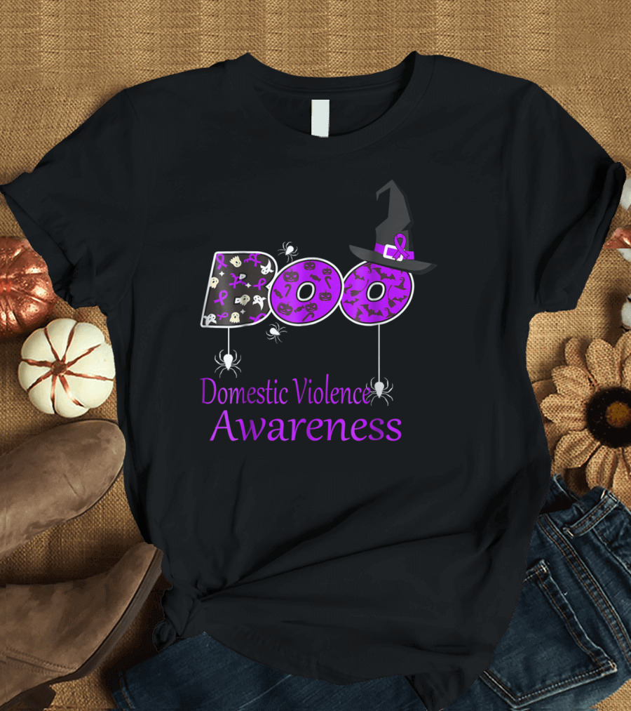 Boo Domestic Violence Awareness With Witch Hat and Halloween Icons T-Shirt