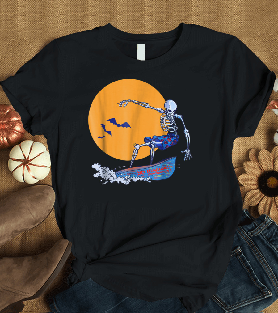 Yo Duuude Cowabunga Creepy Surfing Skeleton with Bats T-Shirt