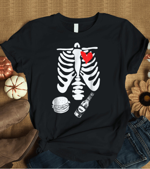 T-Shirt: Funny Halloween X-Ray Skeleton Burger Beer Heart Costume T-Shirt Funny Halloween X-Ray Skeleton Burger Beer Heart Costume T-Shirt
