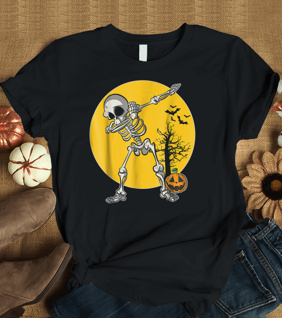 Funny Dabbing Skeleton Halloween Dab Pumpkin Bats Moon T-Shirt