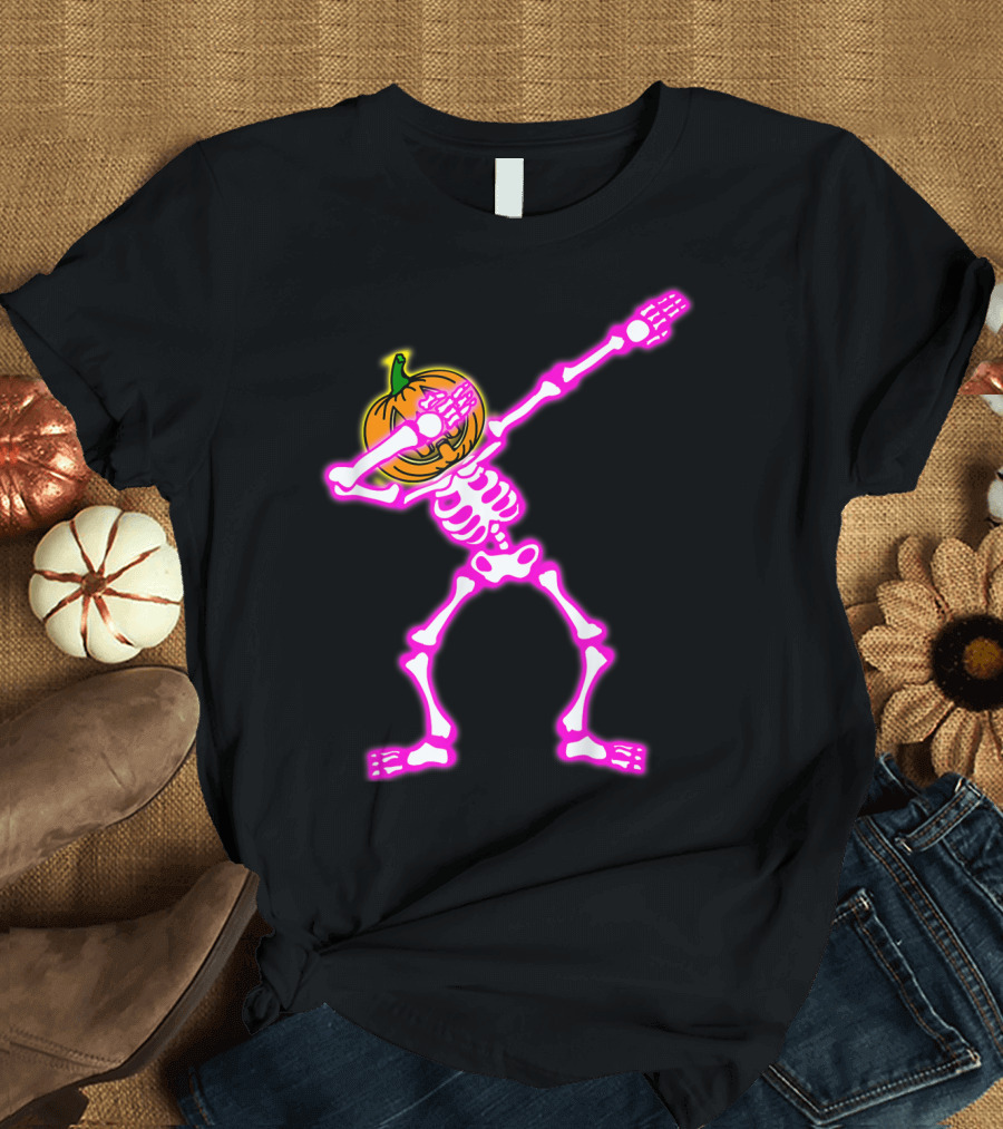 Funny Dabbing Skeleton Halloween Pumpkin Dab Neon Glow T-Shirt