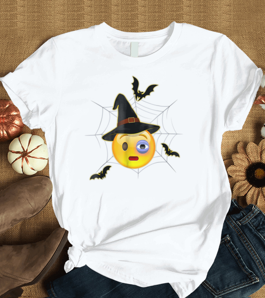 Halloween Emoji Witch Hat Flushed Face with Bats and Spider Web T-Shirt
