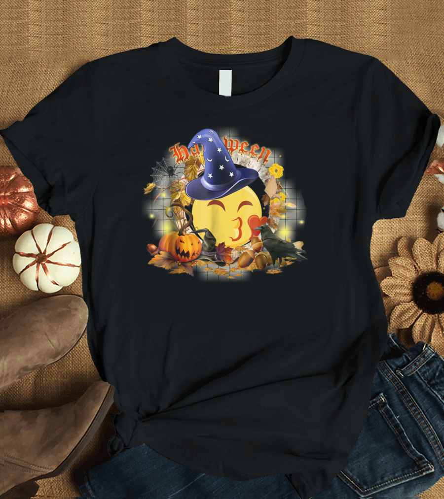 Halloween Emoji Witch Nerd Kissy Face Pumpkin Raven Spiderweb T-Shirt