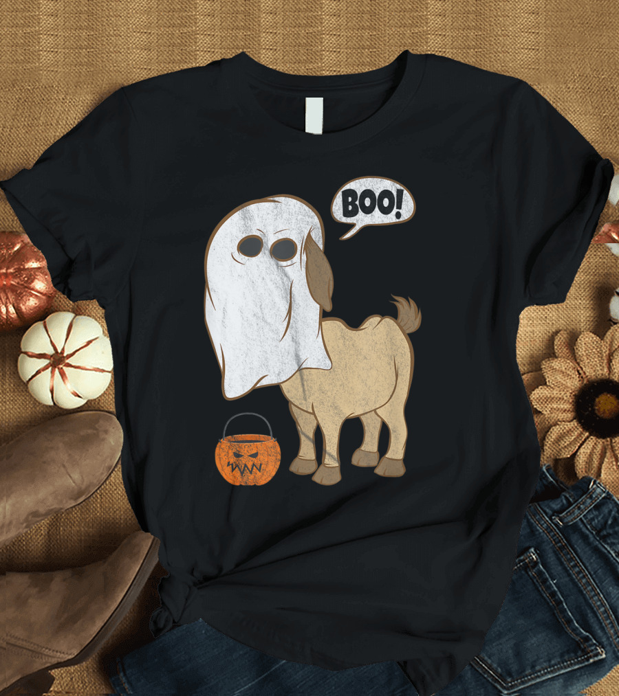 Ghostly Goat Halloween Costume with Pumpkin and Boo Phrase T-Shirt