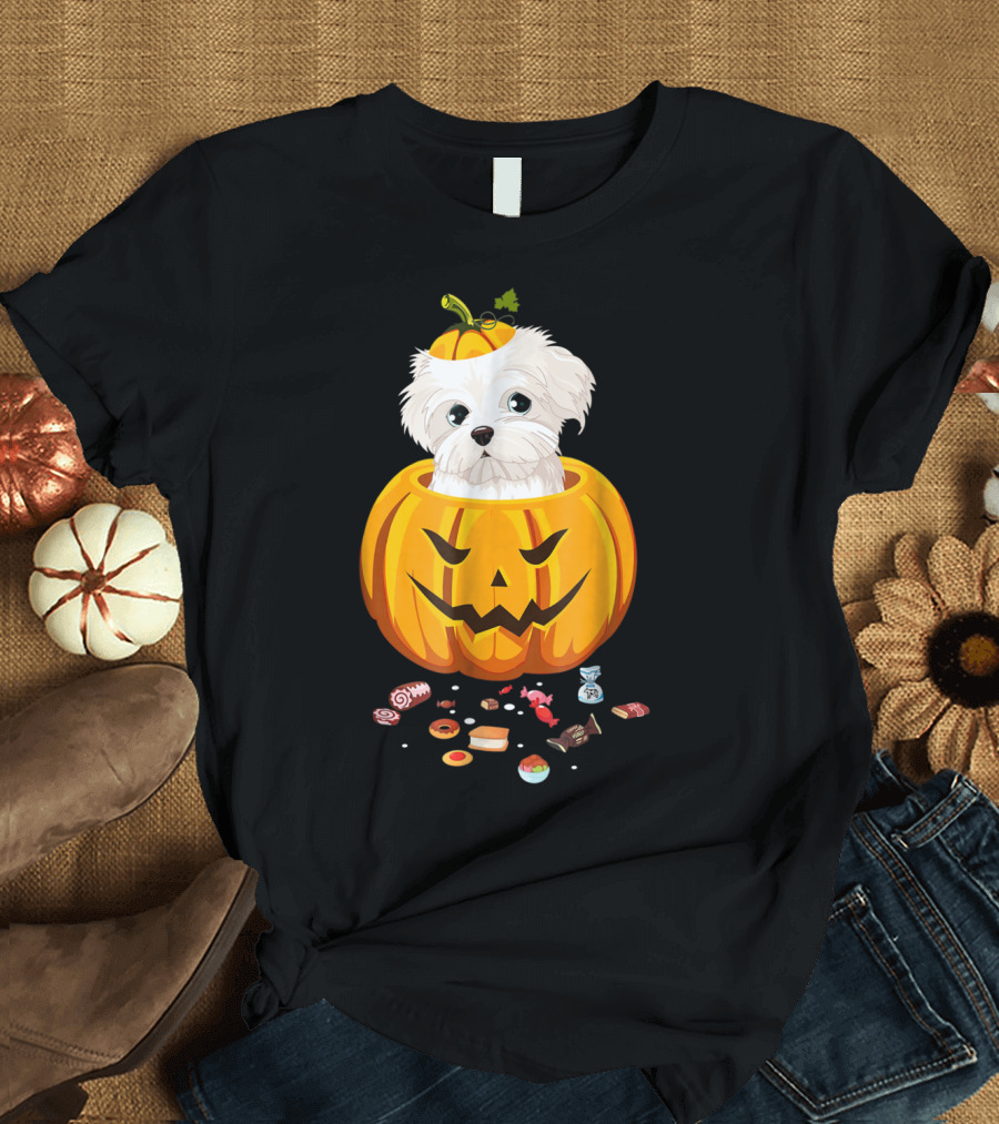 Maltese Dog in Jack-o'-Lantern Pumpkin with Halloween Candy T-Shirt