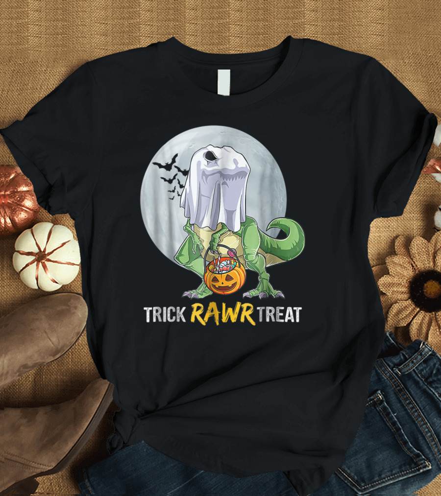 Trick Rawr Treat Halloween T-Rex Dinosaur Ghost with Candy Pumpkin T-Shirt