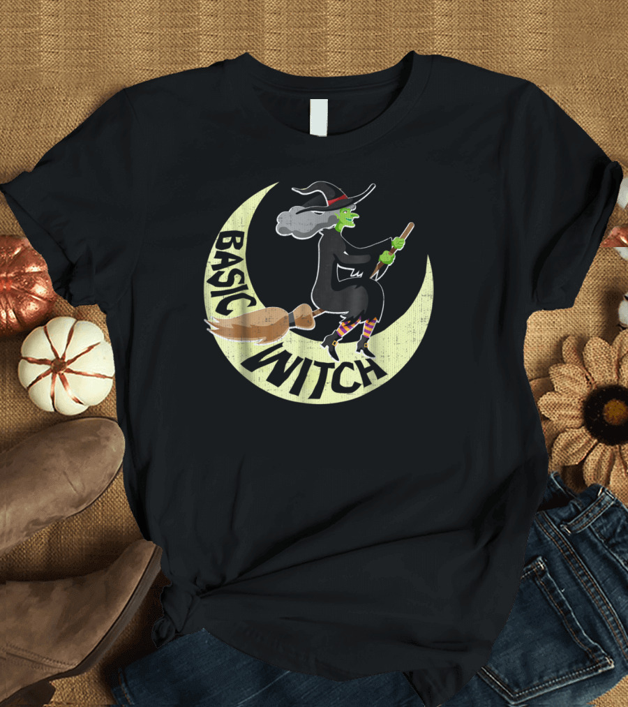 Funny Halloween Basic Witch Riding Broomstick Moon T-Shirt