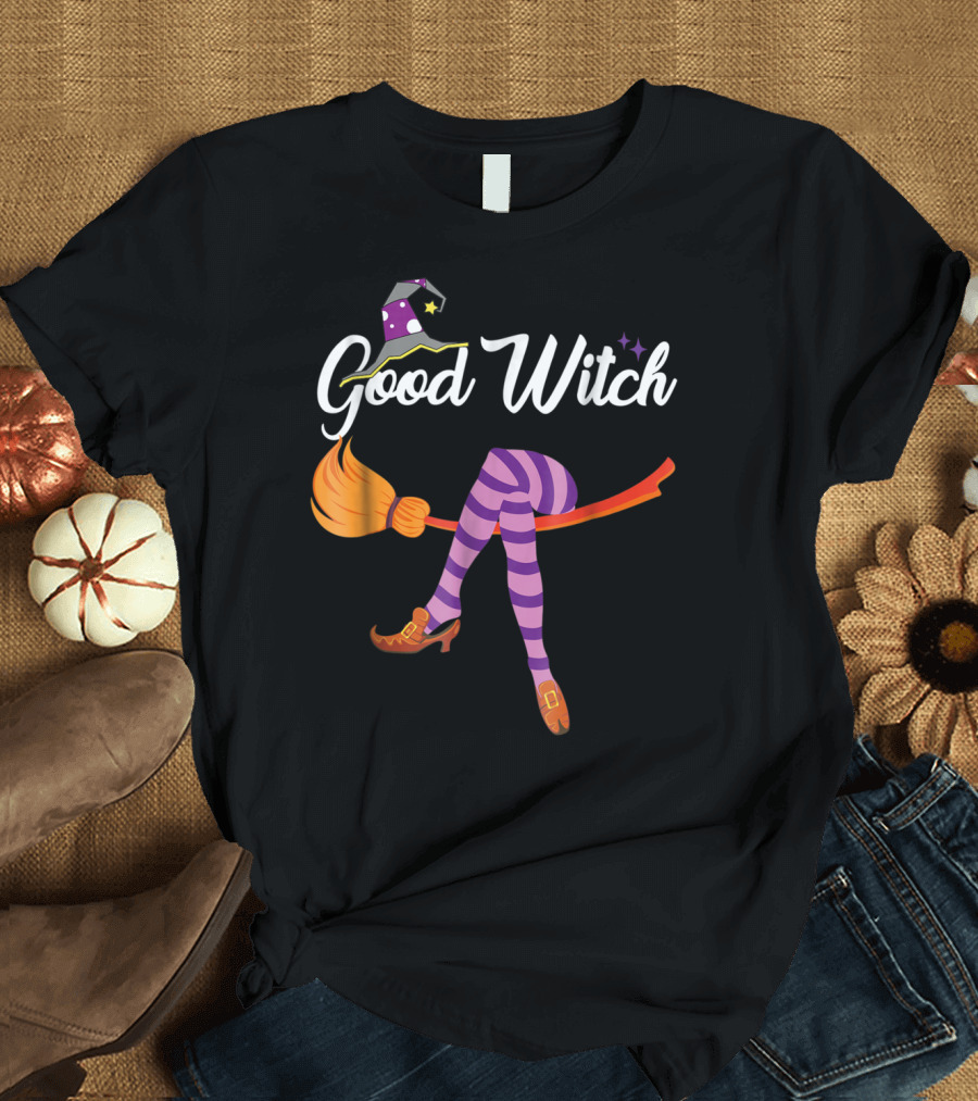 Good Witch Halloween Costume Broom Witch Hat Striped Purple Leggings T-Shirt