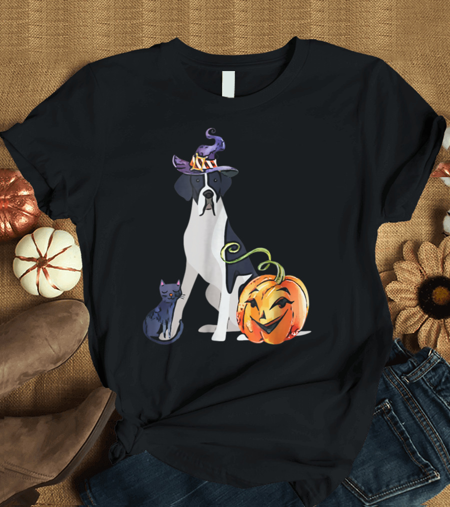 Great Dane Cat Witch Hat Pumpkin Halloween Mantle T-Shirt