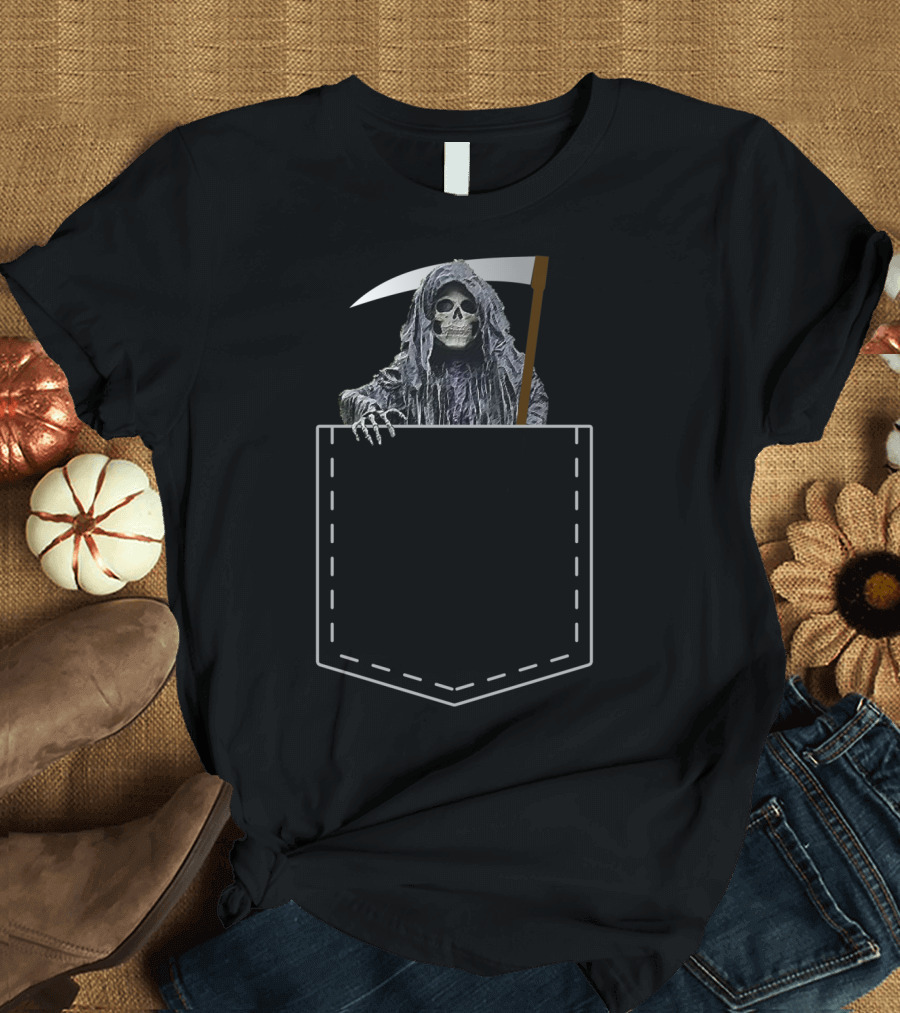 Grim Reaper Scythe Angel Of Death Pocket Skeleton T-Shirt