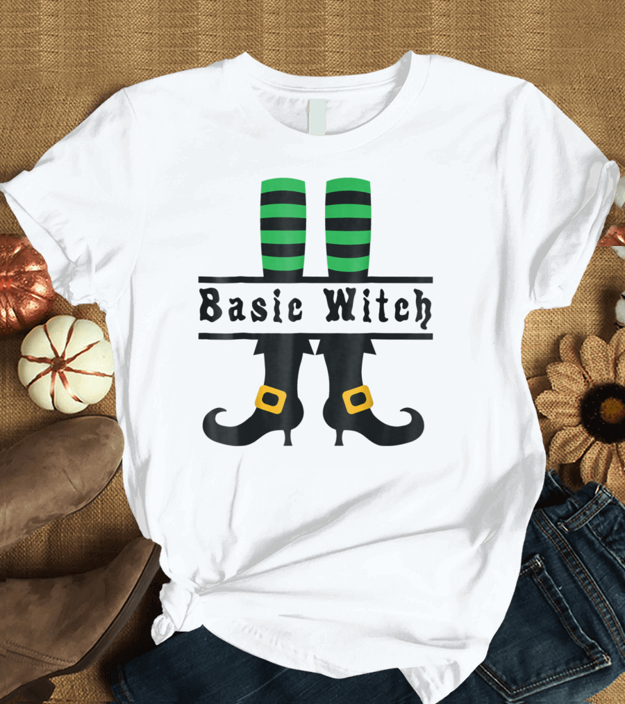 Basic Witch Green Striped Stockings with Buckled Shoes Halloween T-Shirt