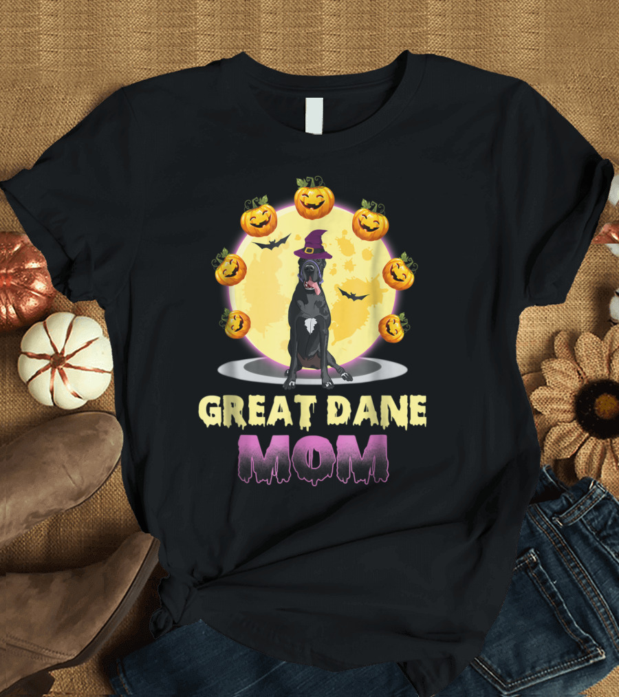 Great Dane Mom Halloween Costume with Pumpkins and Witch Hat T-Shirt