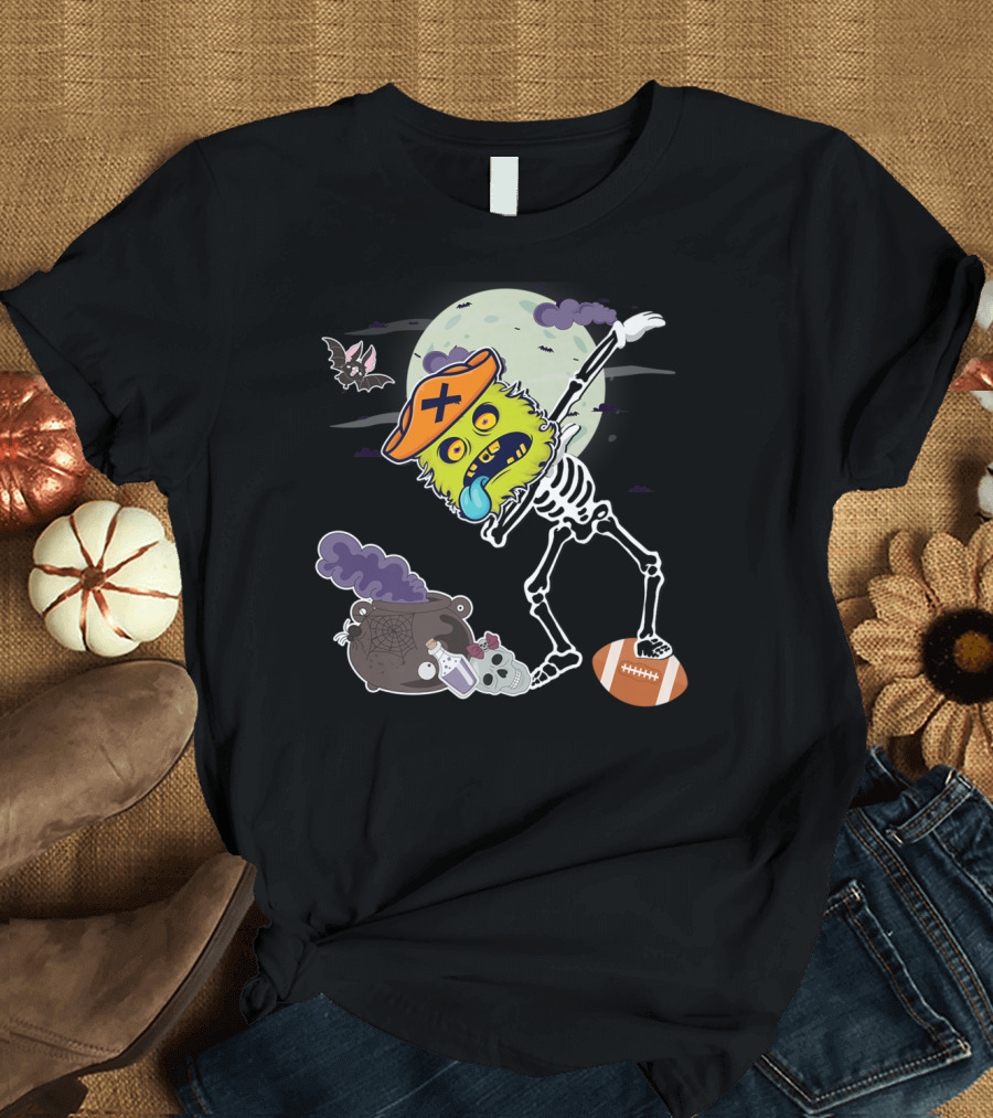 Halloween Dab Pirate Monster Football Skeleton with Moon and Bat T-Shirt