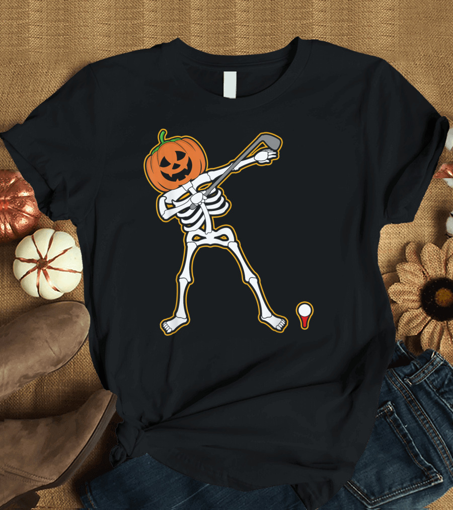 Halloween Golfer Skeleton Pumpkin Head Dabbing Golfing Cute T-Shirt