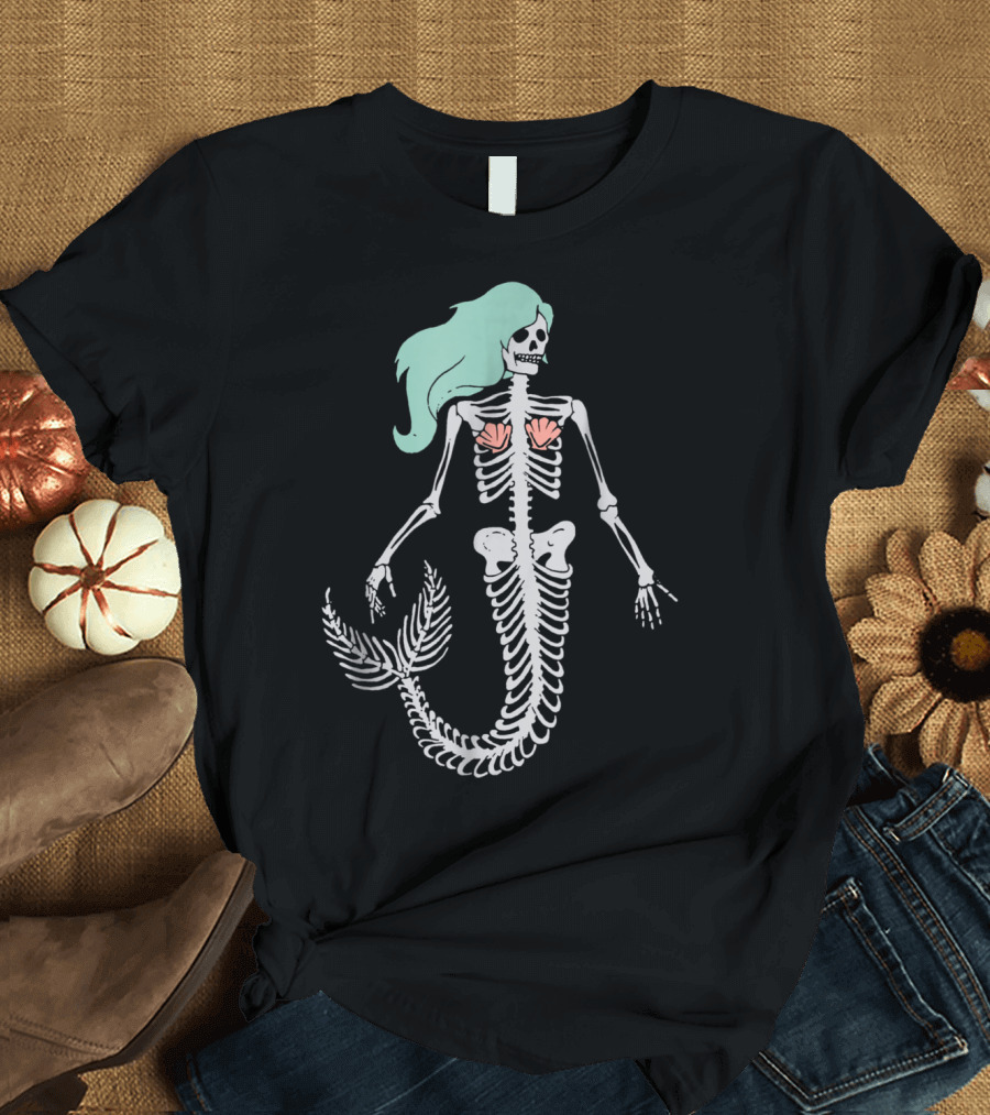 Halloween Mermaid Skeleton with Green Hair and Shells T-Shirt