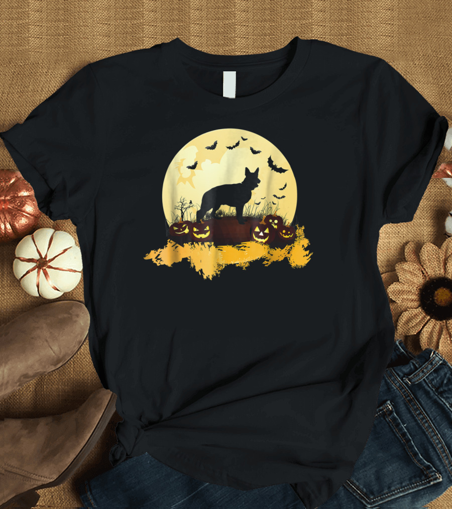German Shepherd Silhouette Halloween Full Moon Pumpkins Bats T-Shirt