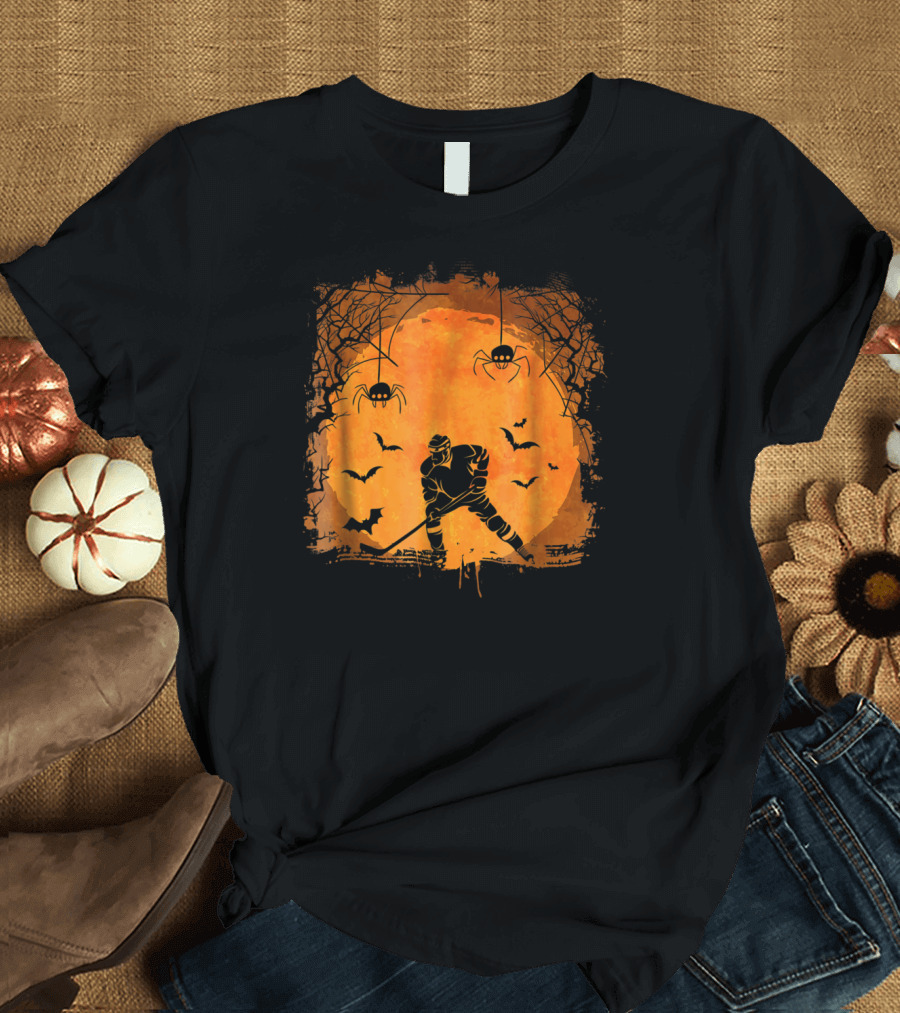 Halloween Ice Hockey Full Moon Spooky Bats and Spiders T-Shirt