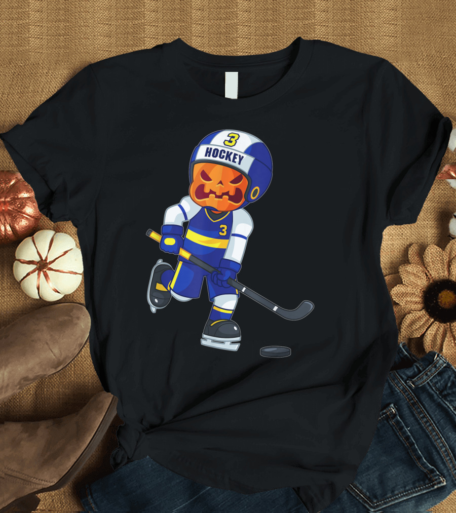 Hockey Player Pumpkin Head Halloween Scary Ice Skating T-Shirt