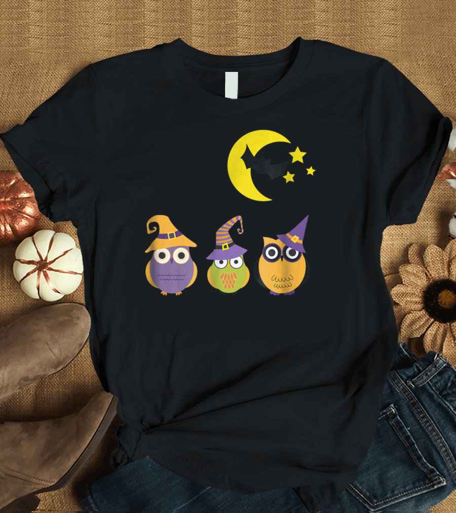 Halloween Owl Moon Bat Stars Witches Hat Trio T-Shirt