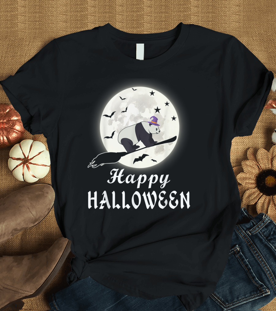 Happy Halloween Panda Bear Riding Broomstick Moon T-Shirt