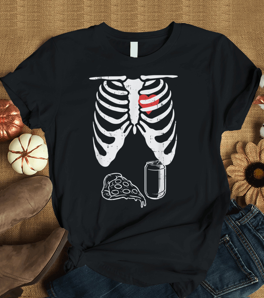 Halloween Pregnancy Skeleton Dad Husband Pizza Ribs Heart Soda T-Shirt