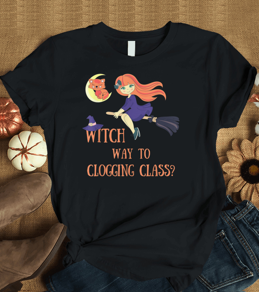 Witch Way to Clogging Class Halloween Redhead Witch Cat T-Shirt