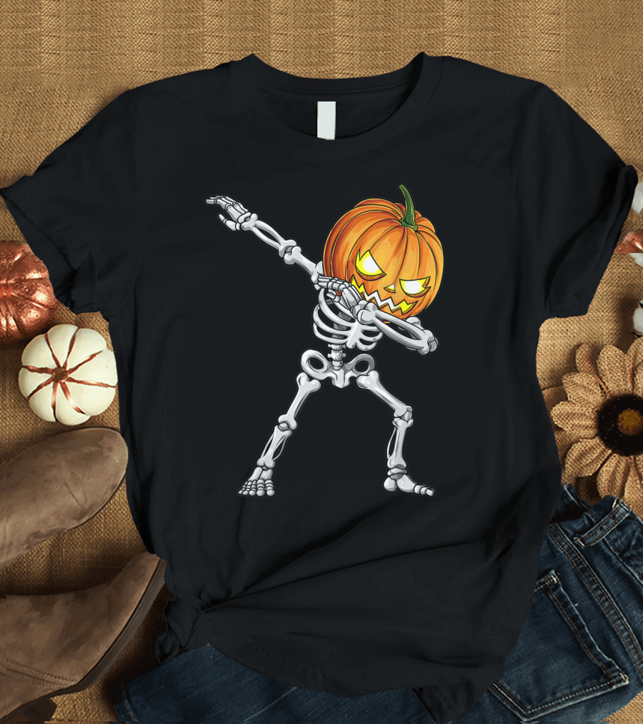 Halloween Kids Dabbing Skeleton Pumpkin Head T-Shirt