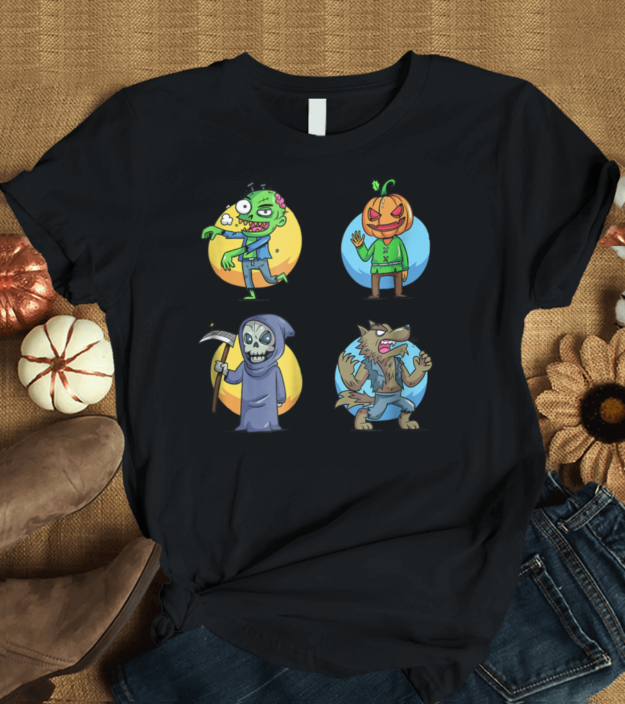 Halloween Toon Squad Zombie Pumpkin Grim Reaper Wolf T-Shirt