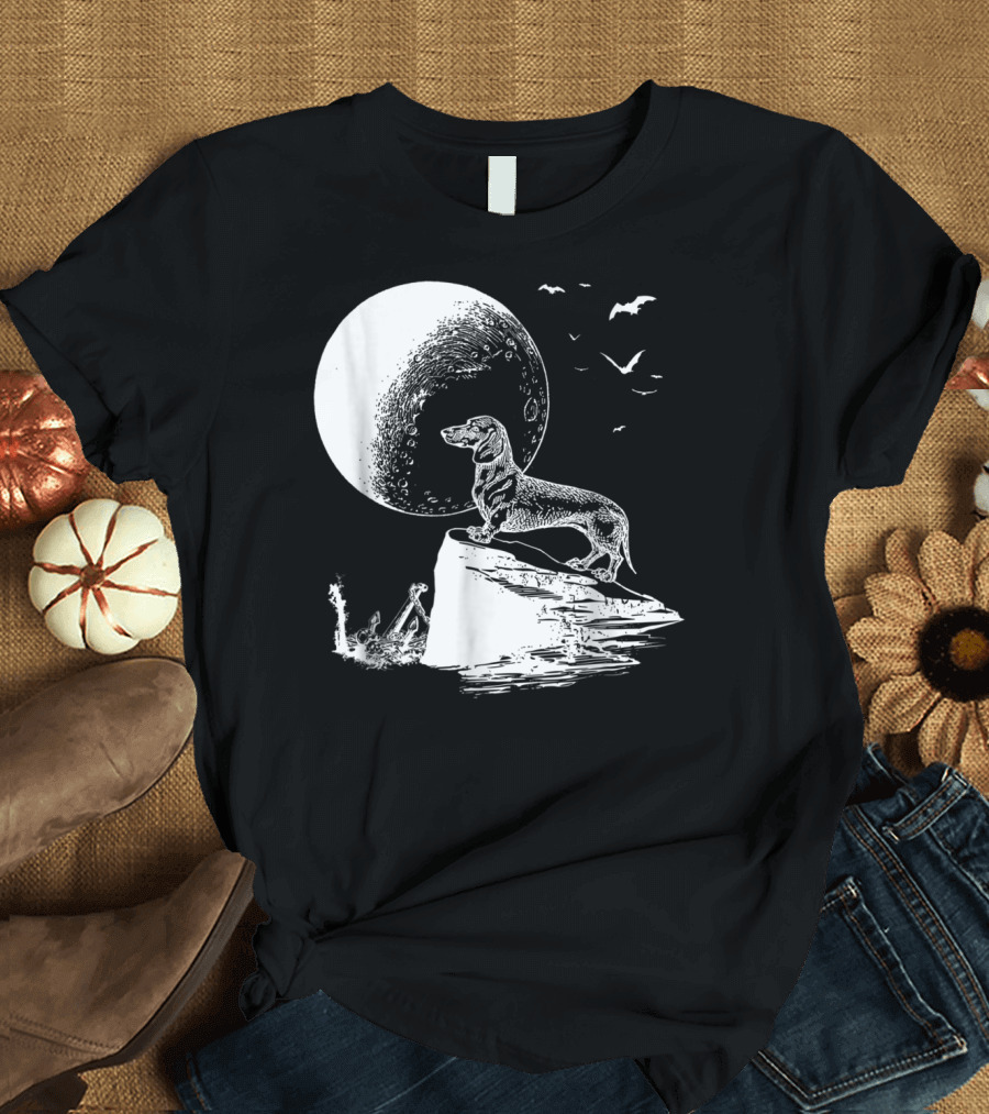 Halloween Dachshund Howling at Moon with Bats T-Shirt